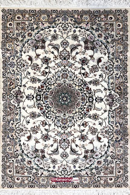 Persian Nain Rug 100 by 150 cm White Medallion Design 9la