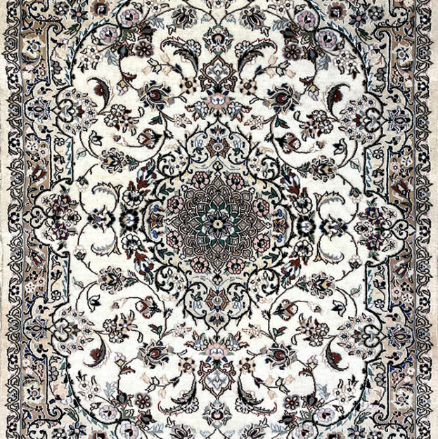 Persian Nain Rug 100 by 150 cm White Medallion Design 9la