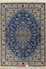 Persian Nain Rug 100 by 150 cm Dark Blue Medallion Design 9la