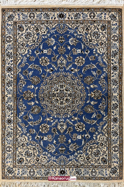 Persian Nain Rug 100 by 150 cm Dark Blue Medallion Design 9la